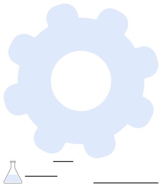Açık mavi dişli mekaniği ve üretkenliği bilimsel deneyler ve yenilikleri gösteren matarayla sembolize ediyor. Araştırma, mühendislik, takım çalışması, sistem optimizasyonu ve yenilik için ideal