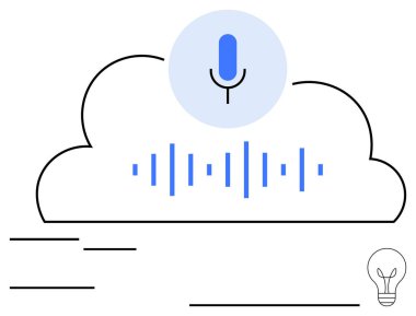 Bulutun üstünde ses dalgaları olan dairesel bir element içinde mikrofon. Yapay zeka, teknoloji, ses asistanı, yenilik, iletişim, bulut depolama, ses arayüzü için ideal. Düz basit metafor