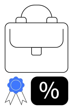 Tokalı siyah çanta, mavi kurdele ve yüzde kutusuyla. İş, başarı, finans, terfi, satış girişimciliği eğitimi için idealdir. Düz basit metafor