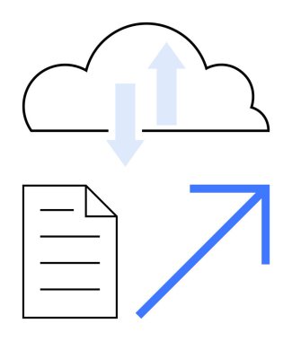 Çift yönlü oklu bulut, belge simgesi ve yukarı doğru ok veri transferini, bulut depolama ve üretkenliği sembolize ediyor. Teknoloji, yenilik, iletişim ve veri paylaşımı için ideal iş akışı