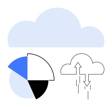 Pasta grafiği ile bulut simgesi ve depolama, veri analizi ve dosya paylaşımını temsil eden indirme okları. Teknoloji, analitik, dijital hizmetler, depolama çözümleri, yenilik ve ticaret için ideal