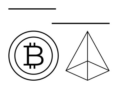 Tel çerçeve piramidinin yanında Bitcoin logosu, engelleme zincirini, ademi merkeziyeti, dijital finansmanı sembolize ediyor. Kripto, engelleme zinciri, fintech, dijital ekonomi, yatırım teknolojisi için ideal