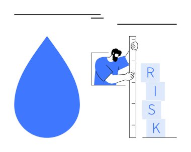 Büyük mavi damla, cetvelle birlikte yığılmış risk bloklarını ölçen kişi. Ölçüm, risk yönetimi, analitik, iş planlaması, karar verme, değerlendirme, basit iniş sayfası için ideal