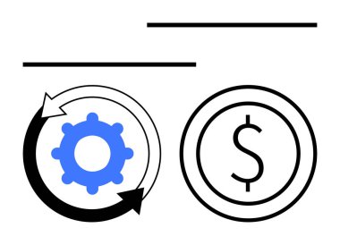 Daire şeklinde oklarla çevrili olan teçhizat ayrı dairelerde dolar işaretinin yanında süreç verimliliğini ve finansal büyümeyi simgeliyor. Finans, ekonomi, otomasyon, yatırım, süreç akışı için ideal