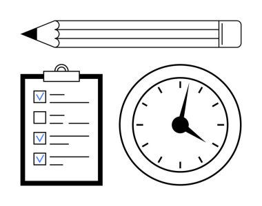 Kontrol işaretleri ve analog saati olan bir listenin yanında kalem, zaman yönetimi, verimlilik ve görev öncelikleri vurgulanıyor. Örgüt için ideal, son tarih planlaması, hedef belirleme, işyeri