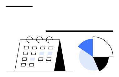 İşaretli tarihli masa takvimi ve veri görselleştirmesi için mavi, gri ve siyah gölgeli segmentli turta grafiği. Zamanlama, zaman yönetimi, planlama, organizasyon, iş stratejisi için ideal