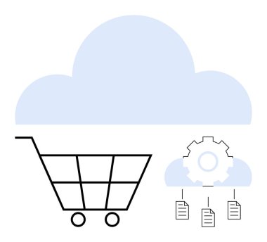 Bulut, dişli ve belgelere bağlı alışveriş arabası çevrimiçi alışveriş, veri yönetimi, dosya paylaşımını sembolize ediyor. E-ticaret, veri depolama, bulut hizmetleri, otomasyon, dijital araçlar için ideal
