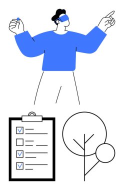 Kendine güvenen bir adam, tamamlanmış görevleri olan kontrol listesi, soyut ağaç tasarımı. Organizasyon, üretkenlik, planlama, karar verme, doğa, eko-farkındalık için ideal basit iniş sayfası