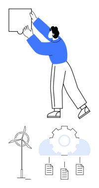 Rüzgâr türbininin yanında yapboz montajı, bulut çarkıfeleği ve belgeler. Sürdürülebilirlik, takım çalışması, yenilik, problem çözme, bulut depolama, yenilenebilir enerji düzleşmesi için ideal basit metafor