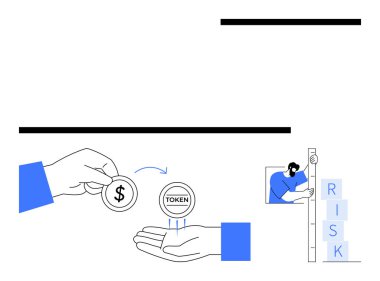 Jeton karşılığı el değiştirme, risk blokları için bireysel değerlendirme. Finans, yatırım, iş stratejisi, engelleme zinciri, karar verme, risk analizi, basit iniş sayfası için ideal