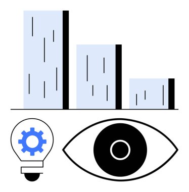 İlerlemeyi vurgulayan ölçü grafiği, vizyonu simgeleyen dairesel göz ve yenilik için teçhizatlı ampul. Veri analizi, büyüme stratejisi, yaratıcılık, araştırma, görünürlük, vizyon için ideal basit