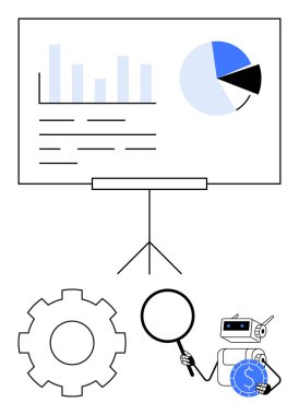 Tahtadaki grafikler ve pasta grafikleri, işlem için teçhizat, analiz için büyüteç, yapay zeka madeni para iş, teknoloji, araştırma, finans, otomasyon stratejisini temsil ediyor. Düz basit metafor