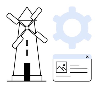 Yel değirmeni, teçhizat ve ekolojik enerji, dijital dönüşüm ve teknolojik gelişmeyi ifade eden web sayfası arayüzü. Sürdürülebilirlik, mühendislik, yenilik, enerji verimliliği için ideal