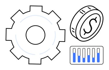 Dişliler süreç verimliliğini simgeler, madeni para finansal değeri simgeler, bar tablosu ise veri içgörüsünü simgeler. İş, finans, ekonomi, analitik, işlemler, üretkenlik için ideal basit iniş sayfası