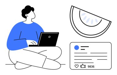 Bağdaş kurmuş dizüstü bilgisayar kullanan biri sosyal medya bağlantısını bir direkte analiz ediyor. Şekillendirilmiş meyve dilimi yaratıcılığı ön plana çıkarır. İçerik oluşturma, yaratıcılık, sosyal medya, çevrimiçi için ideal