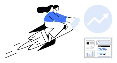 İlerlemeyi, hızı, hırsı ve analitik unsurları temsil eden bir roketteki kadın büyümeyi tasvir eder. Yenilik, strateji, iş büyümesi, analitik, motivasyon, kariyer geliştirme için ideal