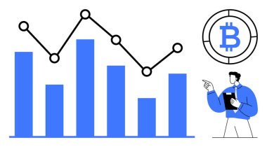 Eğilim çizgisi olan bar grafik istatistikleri, Bitcoin sembolü ve profesyonel analiz verileri. Finans, kripto para birimi, blok zinciri, ticaret, analitik dijital ekonomi yatırımı için ideal. Düz basit