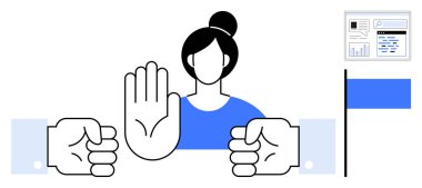 El kaldıran bir kadın, el hareketi, iki sıkılmış yumruk, dijital belge ekranı, mavi bayrak. Çatışma çözümü, rıza, feminizm, çevrimiçi güvenlik için ideal sınırlar basit iniş sayfasını protesto ediyor