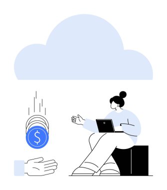 Büyük bir bulut simgesinin altında dizüstü bilgisayarla oturan bir kadın, bozuk paralar uzanmış bir ele düşüyor. Finans, teknoloji, bulut hesaplama, iş büyümesi, yenilik ve uzak çalışma için ideal