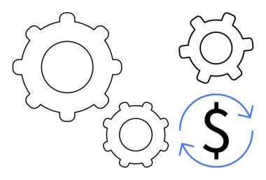 Birbirine bağlı dişliler ve dolar işaretleri oklarla çevrili, finansal iş akışını, verimliliği, karı, maliyet kontrolünü, ekonomik stratejiyi, yatırımı ve otomasyonu temsil ediyor. Temiz düz basit metafor