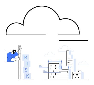 Şehrin yakınındaki risk bloklarını istifleyen birinin üzerindeki büyük bulut. Teknoloji, veri, risk, kentsel planlama, altyapı, yenilik, basit iniş sayfası için ideal
