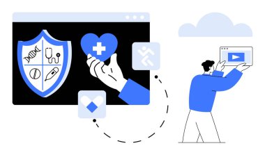 Sağlık temalı kalkan, eli haçlı bir kalp, ikonlar ve bulut tabanlı video içeriği ile meşgul olan kişi. Çevrimiçi sağlık hizmetleri, teletıp, sağlık uygulamaları, modern tıp için ideal