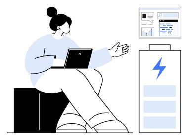 Dizüstü bilgisayarlı bir kadın dijital ekrana doğru grafiklerle el kol hareketi yapıyor. Teknoloji, analitik, eğitim, işbirliği, sunumlar, temiz enerji, basit iniş sayfası için ideal