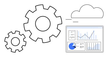 Bulut ve analiz panelinin yanında grafikler ve çizelgeler var. Teknoloji, bulut hesaplama, veri analizi, otomasyon, iş akışı, iş stratejisi, basit iniş sayfası için ideal
