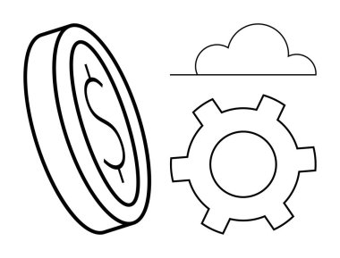 Dolar sembollü, bulutlu ve teçhizatlı madeni paralar finans, bulut teknolojisi ve süreçlerin kesişimini gösteriyor. İş, teknoloji, yenilik, finans ekonomi stratejisi ve basit