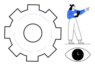 Elinde tablet olan kadın vites ve saatle ileri bakıyor. Üretkenlik, proje yönetimi, işlemler, teknoloji, planlama, takım çalışması, basit iniş sayfası için ideal