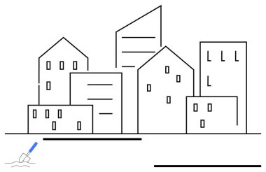 Düz çizgiler, temiz tasarım ve geometrik hassasiyetle özetlenmiş binaların bulunduğu modern şehir manzarası. Mimarlık, kentsel planlama, tasarım konseptleri, planlar, markalaşma, basitlik düzlüğü için ideal