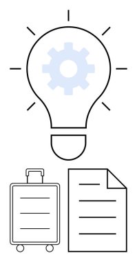 Fikirleri temsil eden teçhizatlı ampul, işi sembolize eden bavul, planlama ya da strateji için belge. Yenilik, iş büyümesi, girişimcilik, seyahat, organizasyon, planlama için ideal