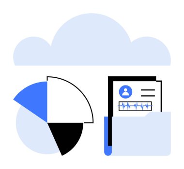 Dijital klasörü, kullanıcı dosyaları ve veri pasta grafiği olan bir bulut. Bulut hesaplama, analitik, veri depolama, bilgi organizasyonu, dijital kayıtlar, güvenli erişim dairesi metaforu için ideal
