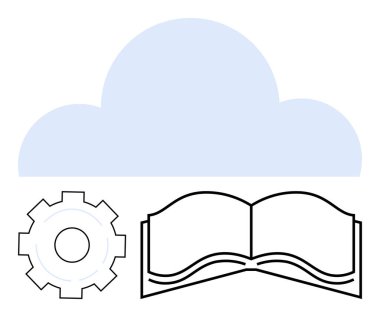 Mavi bulut dişli ve açık kitap bulut depolama, teknoloji, öğrenme, işbirliği, dijital kütüphane, eğitim ve yeniliği sembolize eder. Hizmet ve yazılım uygulamaları öğrenme platformları için ideal
