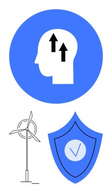 Yukarı doğru oklu insan kafası, minimalist rüzgar türbini ve işaretli kalkan. Sürdürülebilirlik için ideal, yeşil enerji, yenilik, yenilenebilir, kişisel büyüme, teknoloji sade iniş sayfası