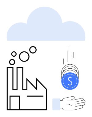 Baloncuk yayan fabrikalar, yenilikleri, sürdürülebilirliği ve ekonomik büyümeyi simgeleyen madeni paralar bir bulutun altına düşüyor. Teknoloji, iş dünyası, çevre, finans ve ekonomi için ideal