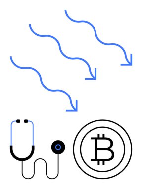 Aşağı doğru oklar nüfuzu simgeler, kripto para birimi ve sağlık araçlarına bağlı ikonlar steteskopu gösterir. Teknoloji, finans, sağlık, yenilik, nüfuz ve modern için ideal