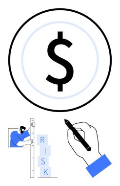 Dolar işareti finansı vurguluyor, RISK etiketli engelleri ölçen adam, kalem planlama ile el. Finans, yatırım, strateji, risk yönetimi, analiz, iş sade iniş için ideal