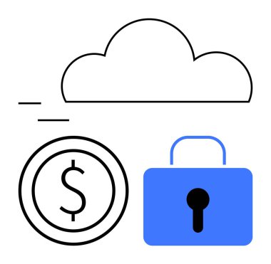 Bulut simgesi, dolar işareti ve kilit vurgu depolama, finansal hususlar ve veri güvenliği. Bulut bilgisayarı, veri koruması, finans teknolojisi, siber güvenlik dijital dönüşümü için ideal