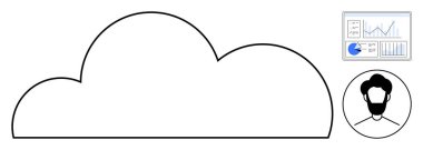 Bulut ana hatları kullanıcı avatarı ve analitik gösterge paneli ile veri depolama, iş sezgileri ve takım işbirliğini temsil eder. Teknoloji, yenilik, analitik, veri, ağ, bulut için ideal