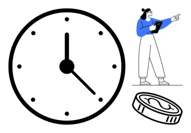 Büyük saat, kadının elindeki tabletin değerini simgeleyen madeni parayı işaret ettiğini vurguluyor. Üretkenlik, iş planlaması, finans, zaman izleme, zamanlama, motivasyon, basit