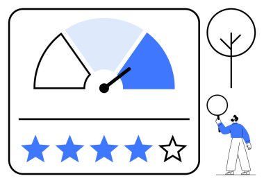İşaretçi, beş dereceli yıldız, ağaç simgesi ve dairesel bir nesneyi kaldıran kişi ile geri besleme ölçüsü. Müşteri memnuniyeti, değerlendirmeler, anketler, veri analizleri, performans ölçüm işleri için ideal