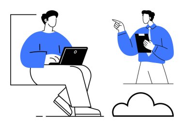 İki meslektaş etkileşimde, biri dizüstü bilgisayarla oturmuş, diğeri de elinde panoyla işaret ediyor. Takım çalışması, yönetim, geri bildirim, işbirliği, karar verme projesi iş akışı için ideal