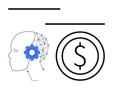 Bir dolar işaretinin yanında teçhizatlı ve sinirsel bağlantıları olan insan kafası profili. Yapay zeka, teknoloji, finans, yenilik, otomasyon, dijital dönüşüm, basit iniş sayfası için ideal