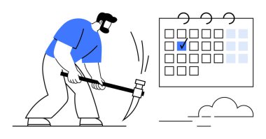 Kazma kullanan adam takvimdeki görevleri mecazi olarak ele alıyor, çabayı, hedef belirlemeyi ve zaman yönetimini sembolize ediyor. Üretkenlik, planlama, çalışma ahlakı, teslim tarihleri ve kararlılık için ideal
