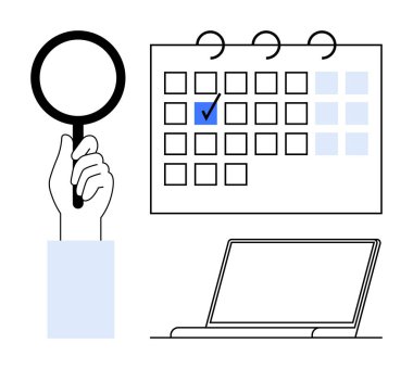 El ele tutuşan büyüteç açık dizüstü bilgisayarın yanında işaretli takvime odaklandı. Zaman yönetimi, etkinlik planlaması, verimlilik, odaklanma, organizasyon, son teslim tarihi araştırmaları için idealdir. Düz basit