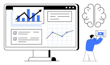 Kontrol paneli, çubuk ve satır grafikleri, kontrol listesi, kullanıcı arayüzü. Beyin simgesi yapay zekayı, insan medyayla etkileşimi simgeler. Veri görselleştirme, yapay zeka, analitik, iş eğitimi için ideal