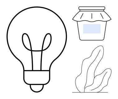 Fikirleri temsil eden ampul, korunmak için kapalı kapaklı kavanoz ve soyut bitki. Sürdürülebilirlik, yenilik, eko-yaşam, yaratıcılık, minimalizm, eğitim için ideal basit iniş sayfası