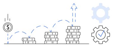 Yükselen paralar, yükselen okla yükselen paralar, düşen dolar işaretleri ve çekle donatılmış dişliler. Yatırım, büyüme, ticaret, finans, başarı, strateji başarısı için idealdir.