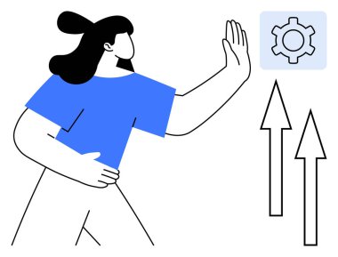 Bir vites simgesine doğru hareket eden kadın ve iki yukarı doğru ok ilerlemeyi, yeniliği ve hedef başarısını simgeliyor. Takım çalışması, liderlik, strateji, büyüme, üretkenlik, motivasyon için ideal basit